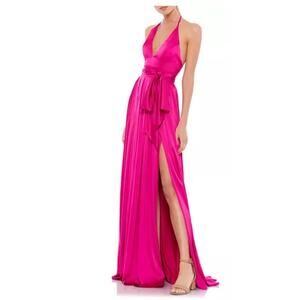 Mac Duggal 26531 Halter Strap Soft Tie Waist Charmeuse Gown, Magenta, Size 8
